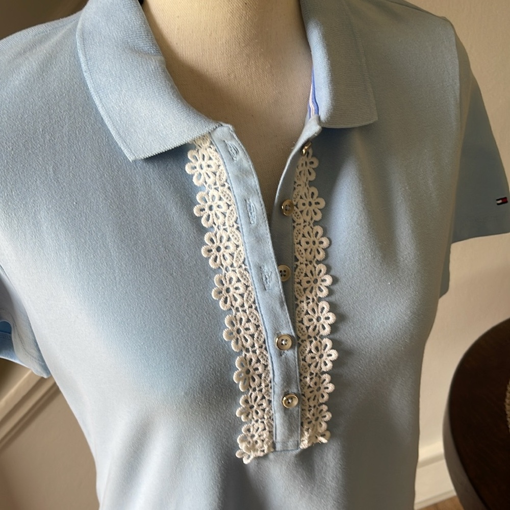 Tommy Hilfiger Short Sleeve Light Blue Polo Top with Embroidered Detail Size L